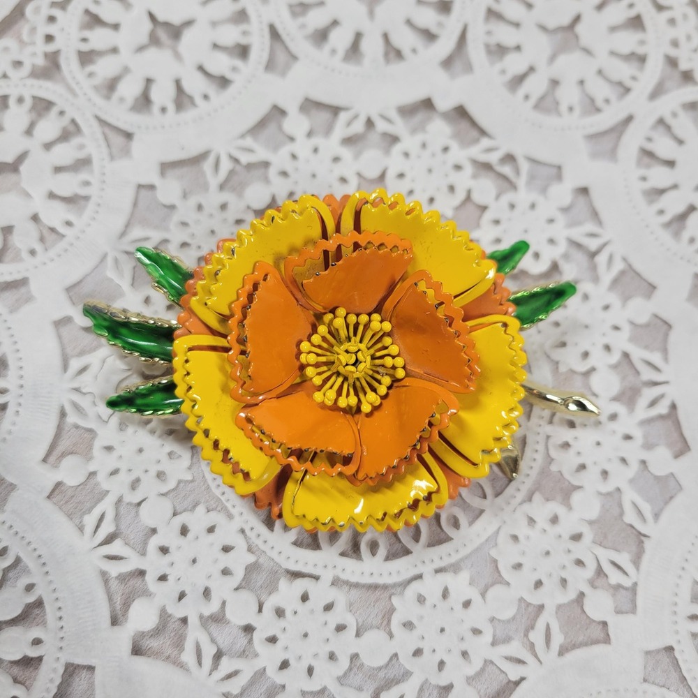 Vintage 1960s Enamel Flower Brooch, 3D Layered Orange Yellow Mod Floral Pin